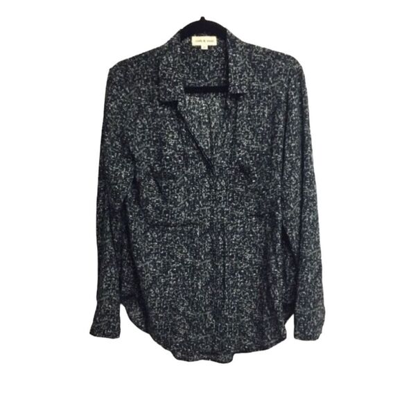 ANTHROPOLOGIE Cloth & Stone Button Front Blouse Black White Print M - Picture 2 of 6